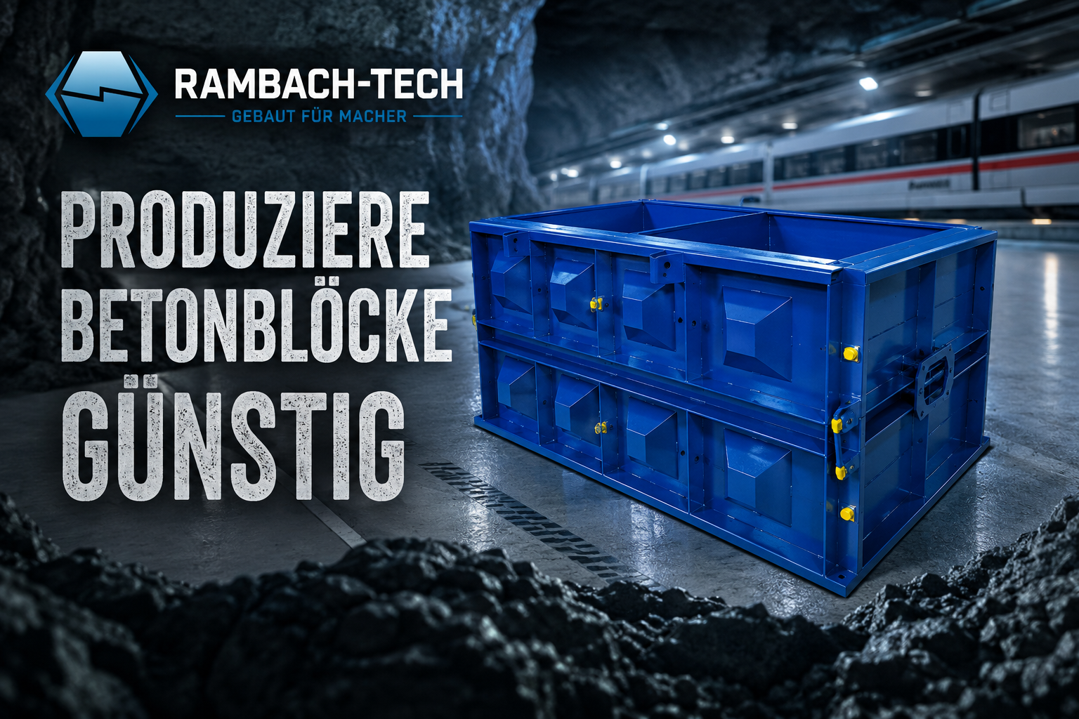 Rambach-Tech banner with bold German text 'PRODUZIERE BETONBLÖCKE GÜNSTIG' beside a large blue concrete block crate in a tunnel.