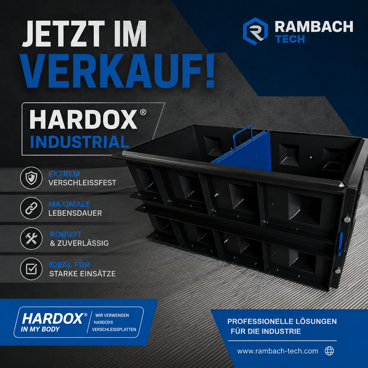 Promotional banner: 'JETZT IM VERKAUF!' for HARDOX Industrial with a black industrial container and RAMBACH TECH logo on the top right.